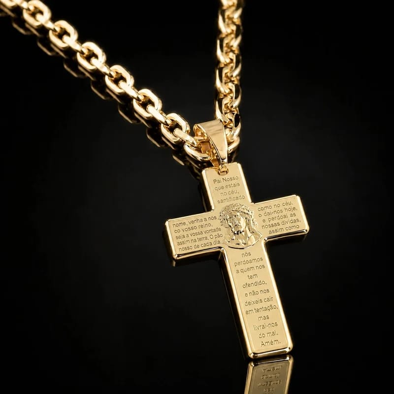 Corrente Cadeado 5mm + Crucifixo Pai Nosso com Cristo G