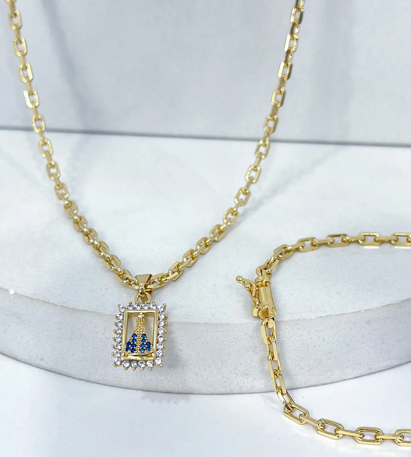 Corrente 16,3g e Pulseira 7g Cadeado 3,5mm + NSRa Quadradado Manto Azul Cravejado