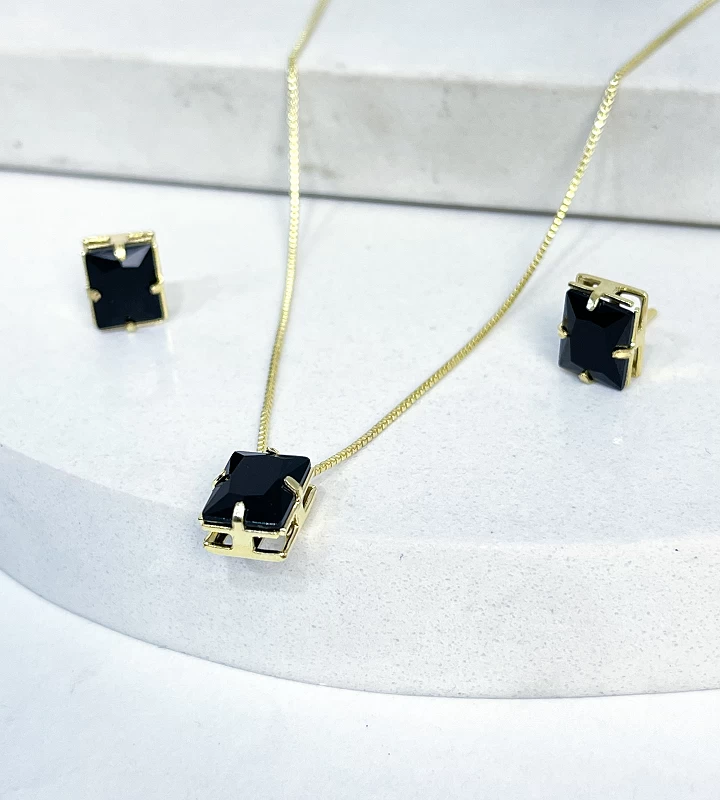 Colar Feminino Pedra Retangular Preta