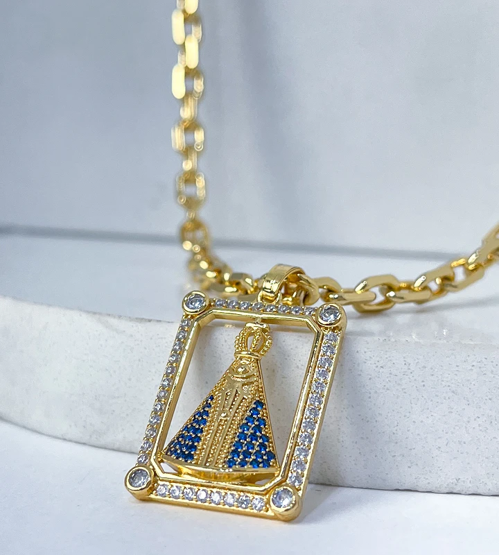 Corrente Cadeado 5mm 38,8g e Pulseira Cadeado 5mm + NSRa Quadradado Manto Azul Cravejado G